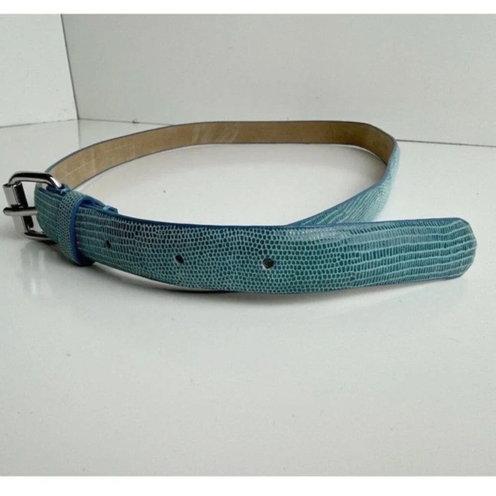 Ann Taylor Blue Lizard‎ Embossed Genuine Leather Slim Belt Silver Buckle S 47-85
